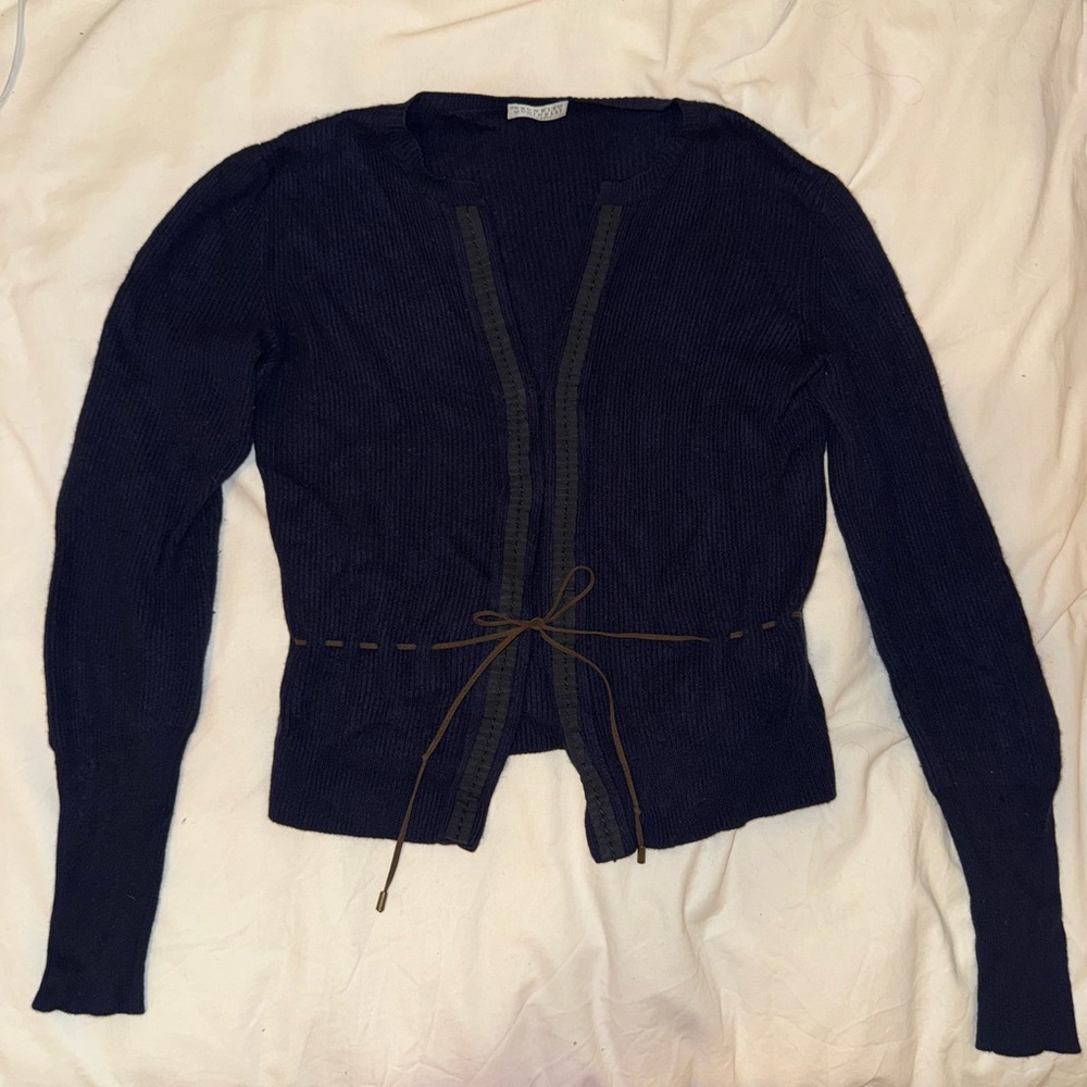 Brunello Cucinelli Dark Blue Cardigan with Brown Accents